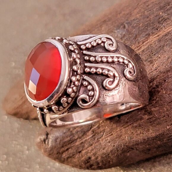 Red Oval Faceted Carnelian Octopus Tentacles Artisan Sterling Ring - Picture 2 of 10